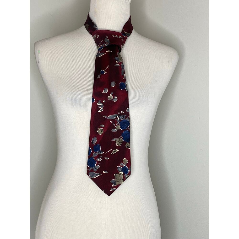 Zylos George Machado 100% Italian Silk Tie | Burgundy Floral Blue & Tan Roses